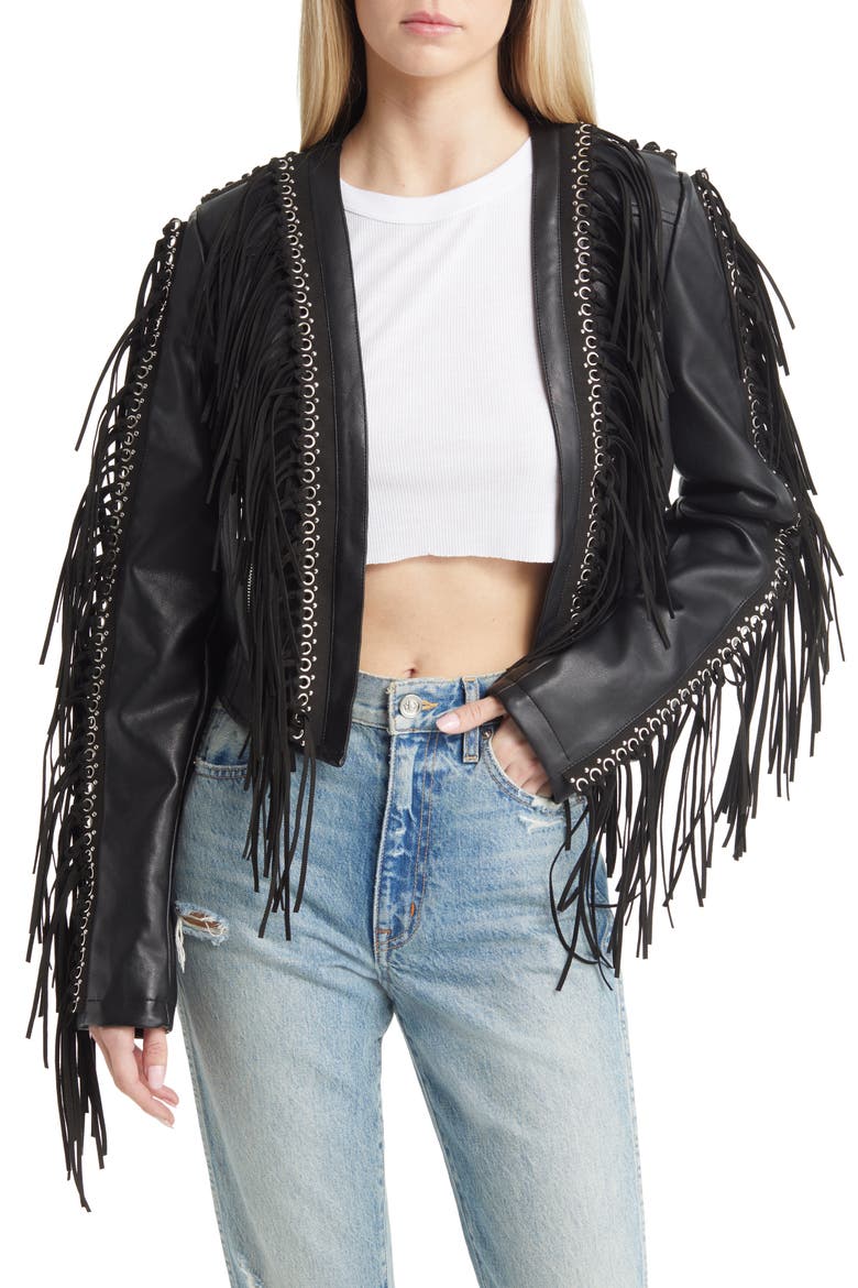 Fringe & Rivet Detail Faux Leather Jacket, Main, color, BLACK