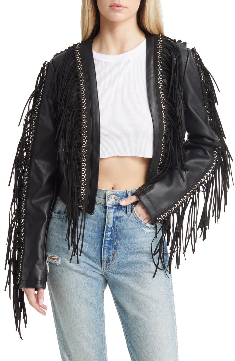 AZALEA WANG Fringe & Rivet Detail Faux Leather Jacket, Main, color, Black