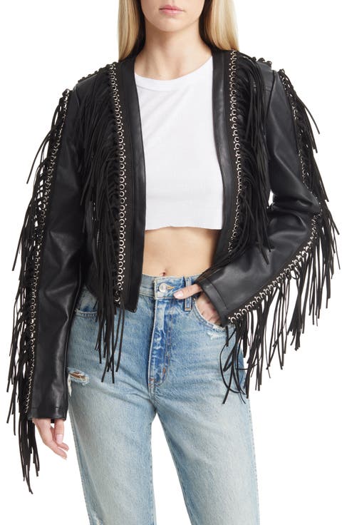 Fringe & Rivet Detail Faux Leather Jacket