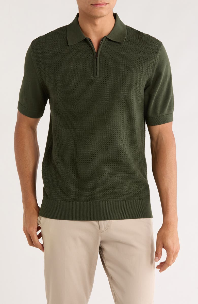 DENIM AND FLOWER Quarter Zip Textured Cotton Knit Polo, Main, color, Olive