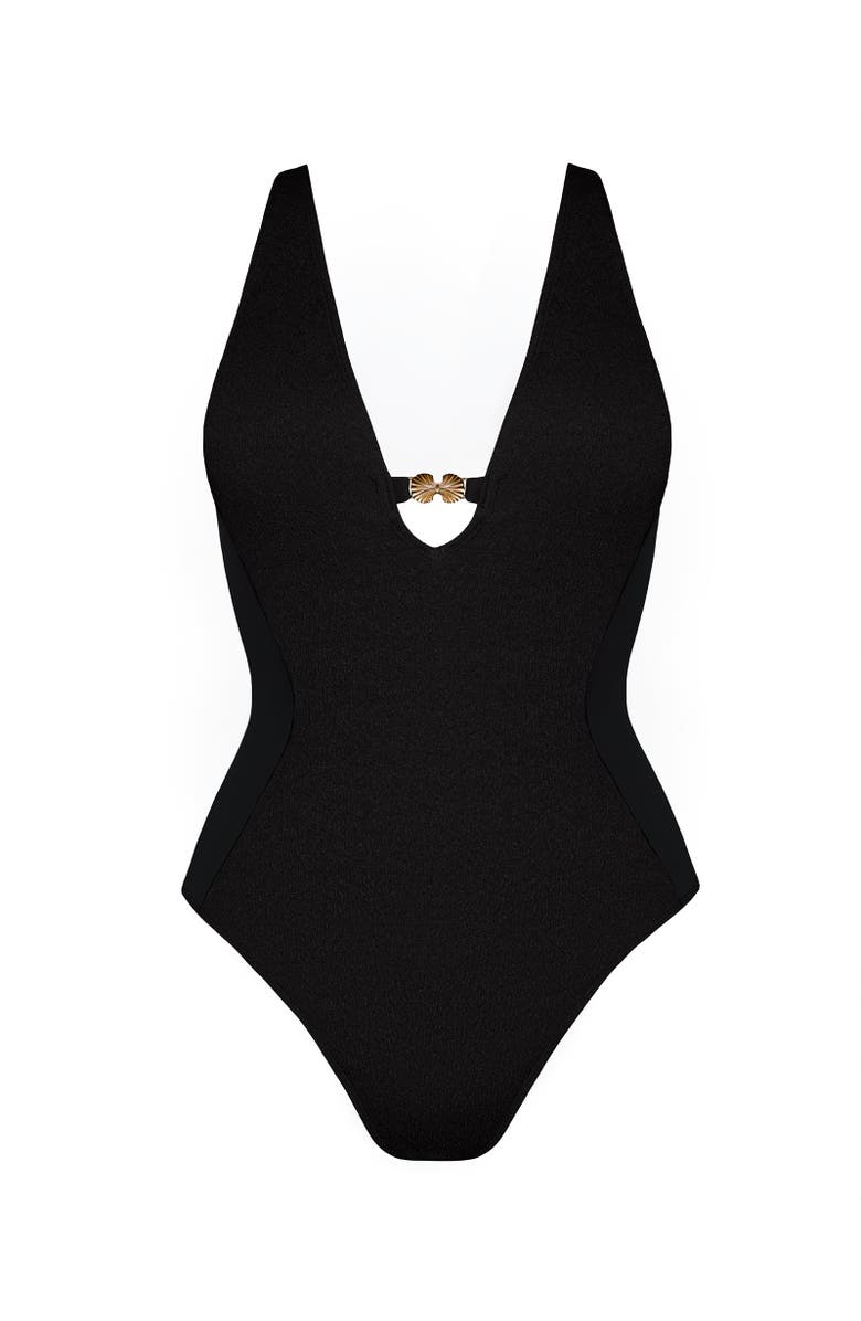 TA3 Mega Sculpting Plunge Keyhole Cheeky Cut One-Piece Swimsuit, Alternate, color, Crinkle Black