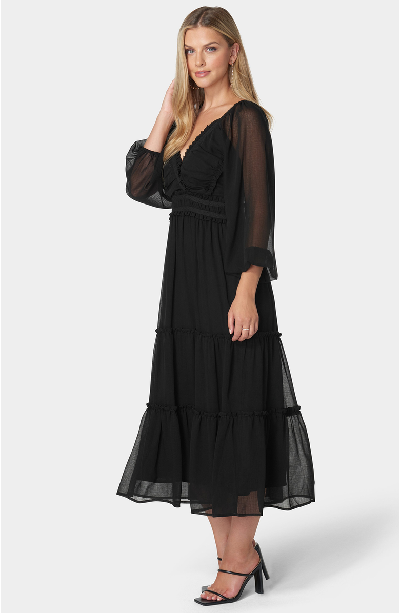 bebe Lace Up Back Chiffon Midi Dress, Alternate, color, Black
