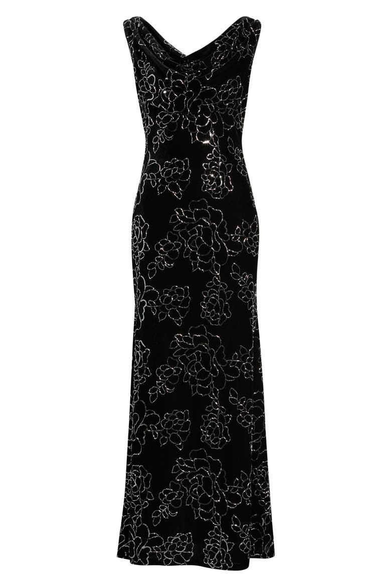 Floral Sequin Drape Neck Velvet Gown, Alternate, color, BLACK SILV