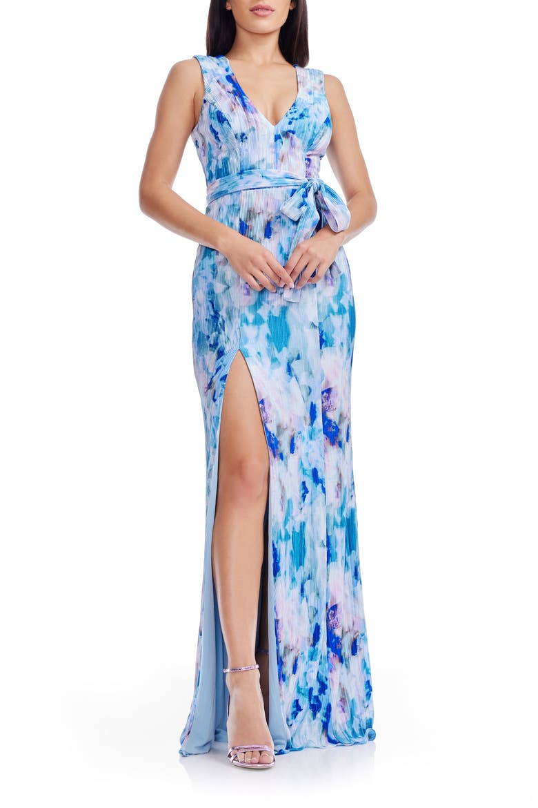 Sandra Plissé Sleeveless Gown, Main, color, PALE BLUE MULTI