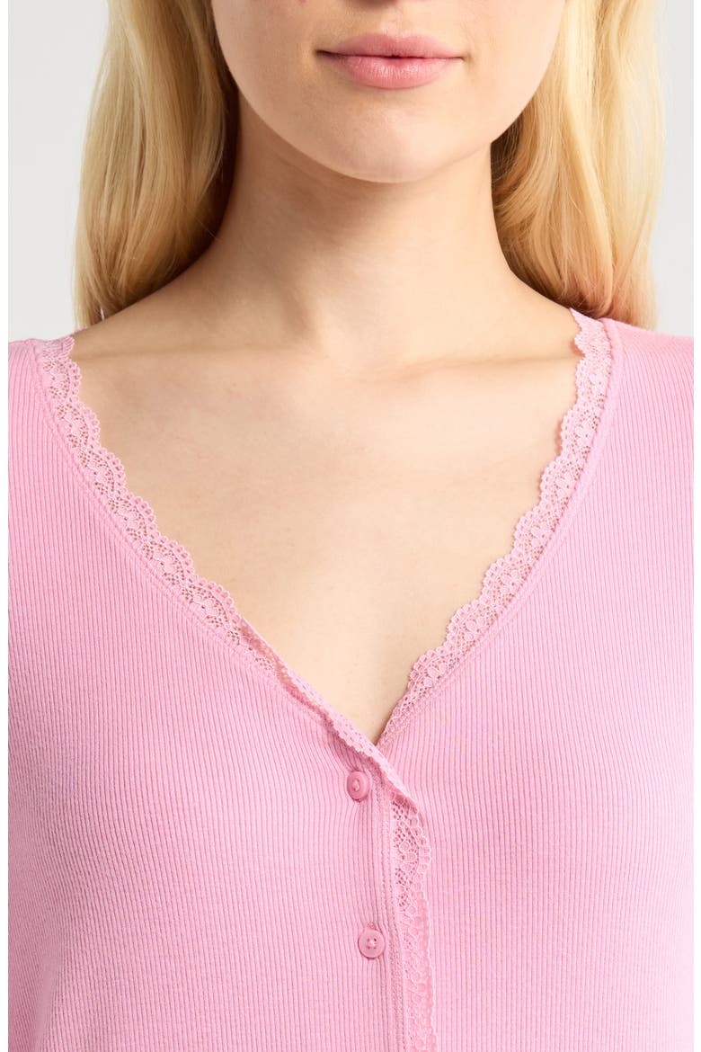 Daydream Lace Trim Rib Button-Up Lounge Top, Alternate, color, PINK STORM