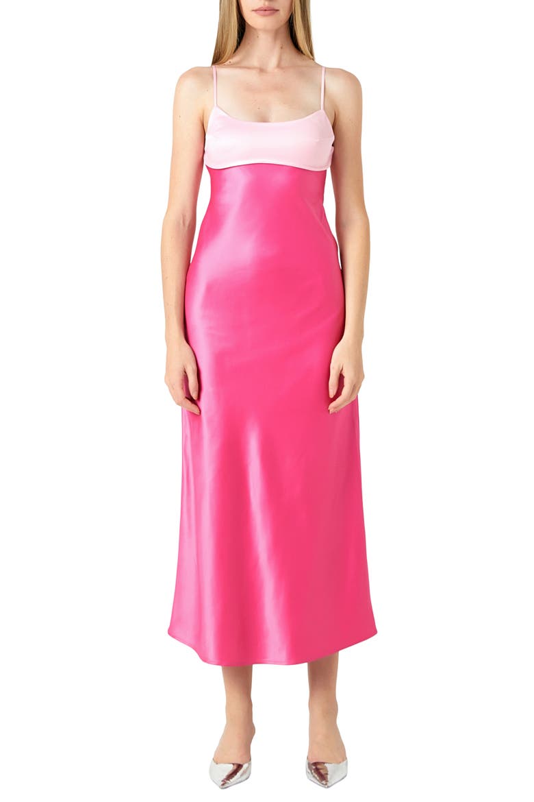 Colorblock Satin Midi Cocktail Dress, Main, color, PINK MULTI