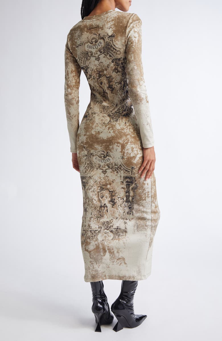 Jean Paul Gaultier Medallion Print Long Sleeve Mesh Body-Con Dress, Alternate, color, Light Beige/ Taupe