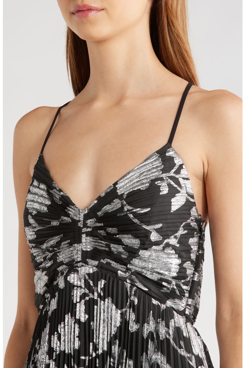 Saoirse Floral Metallic Pleated Mini Dress, Alternate, color, BLACK SILVER