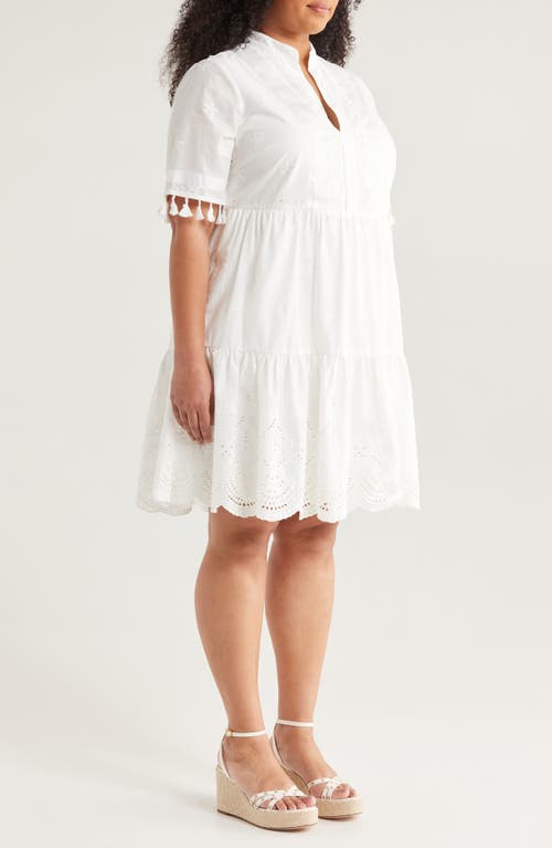 Tahari Asl Eyelet Embroidery Tiered Cotton Shift Dress In Ivory