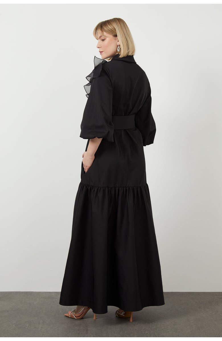 Gizia Ruffle Detail Three-Quarter Sleeve Long Black Dress, Alternate, color, Black