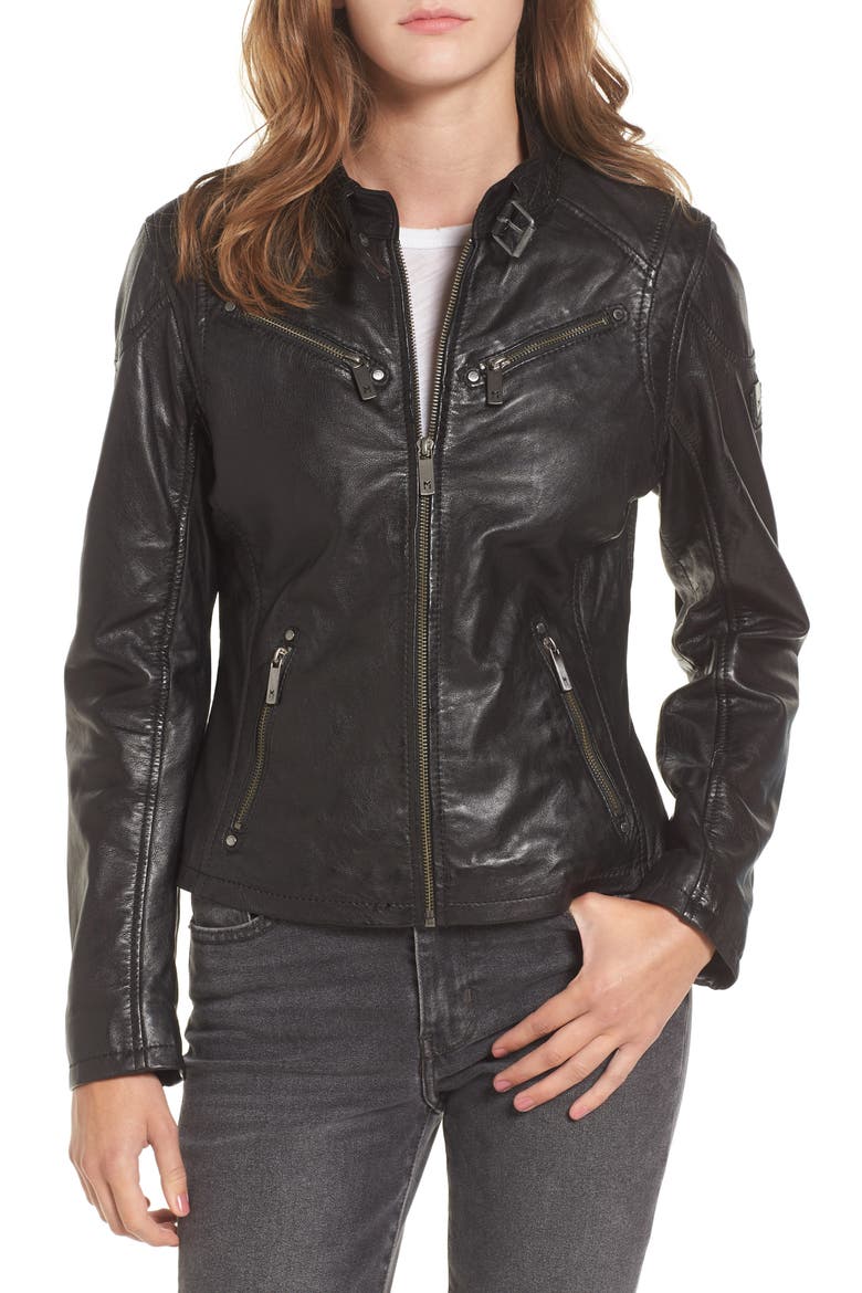Leather Lambskin Leather Moto Jacket, Main, color, BLACK