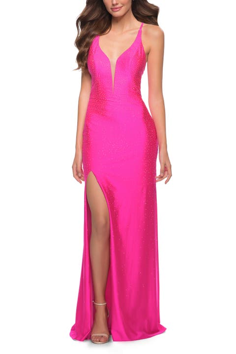 Neon Prom Gown with Rhinestone Fabric and Deep V