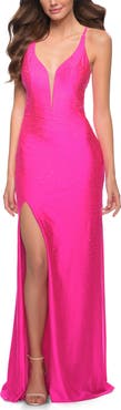 La Femme Neon Prom Gown with Rhinestone Fabric and Deep V