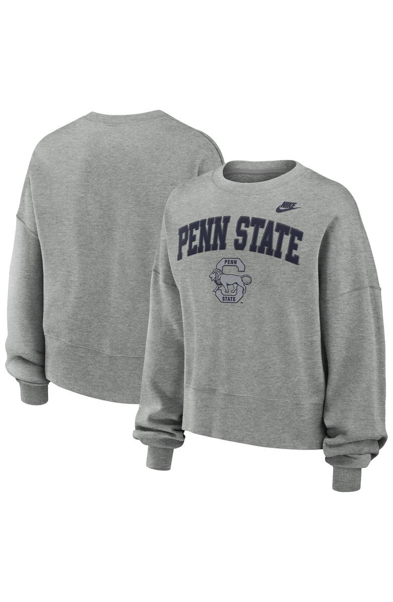 Nike Women's Nike Heather Gray Penn State Nittany Lions Legacy Fleece Classic Arch Oversized Cropped Tackle Twill Sweatshirt, Main, color,