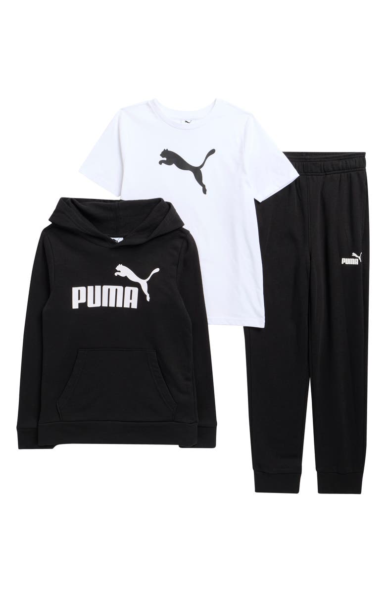 PUMA Kids' Logo Fleece Hoodie, T-Shirt & Joggers Set, Main, color, Black