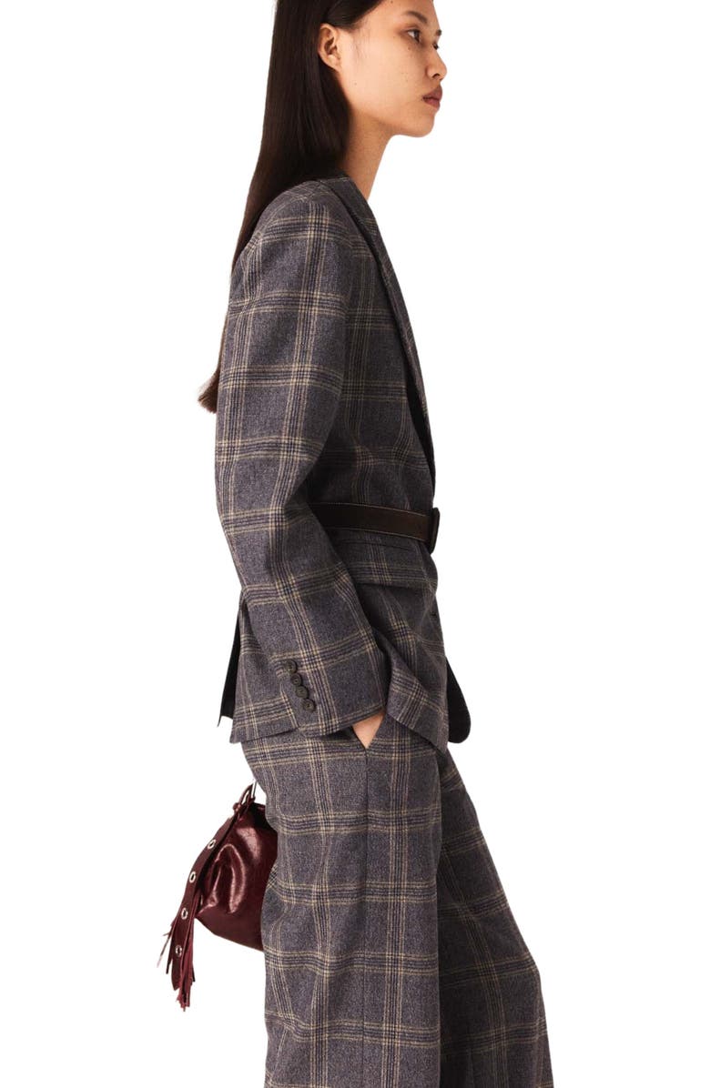 maje Checkered belted suit jacket, Alternate, color, Grey