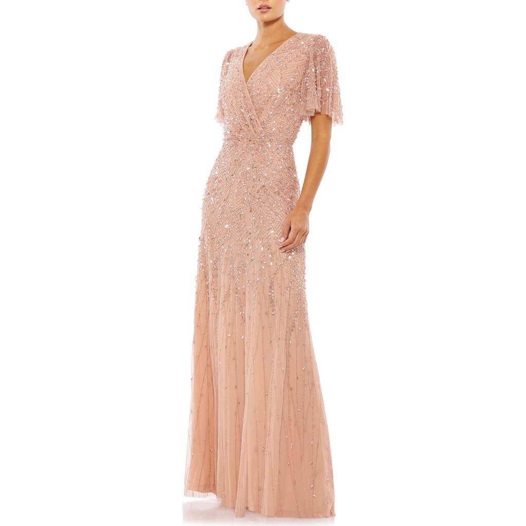 Mac Duggal Embellished Flutter Sleeve Gown In Nude