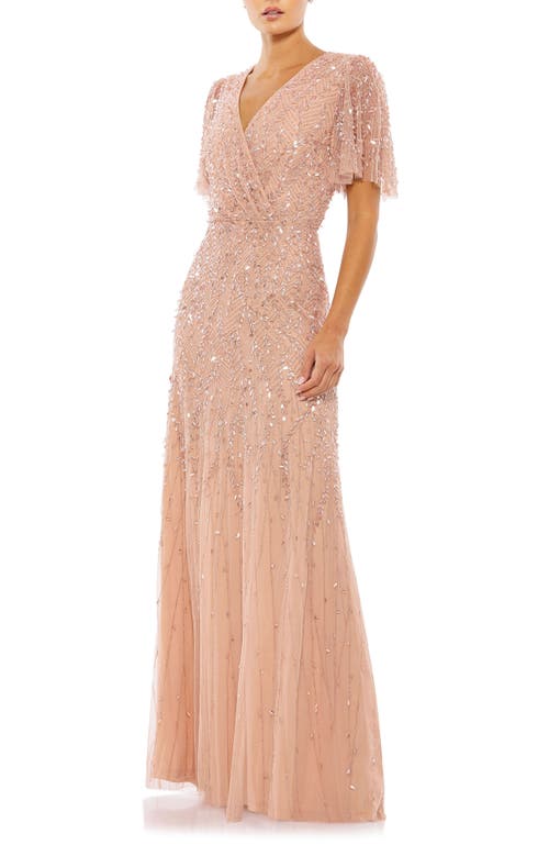 Mac Duggal Embellished Flutter Sleeve Gown In Nude