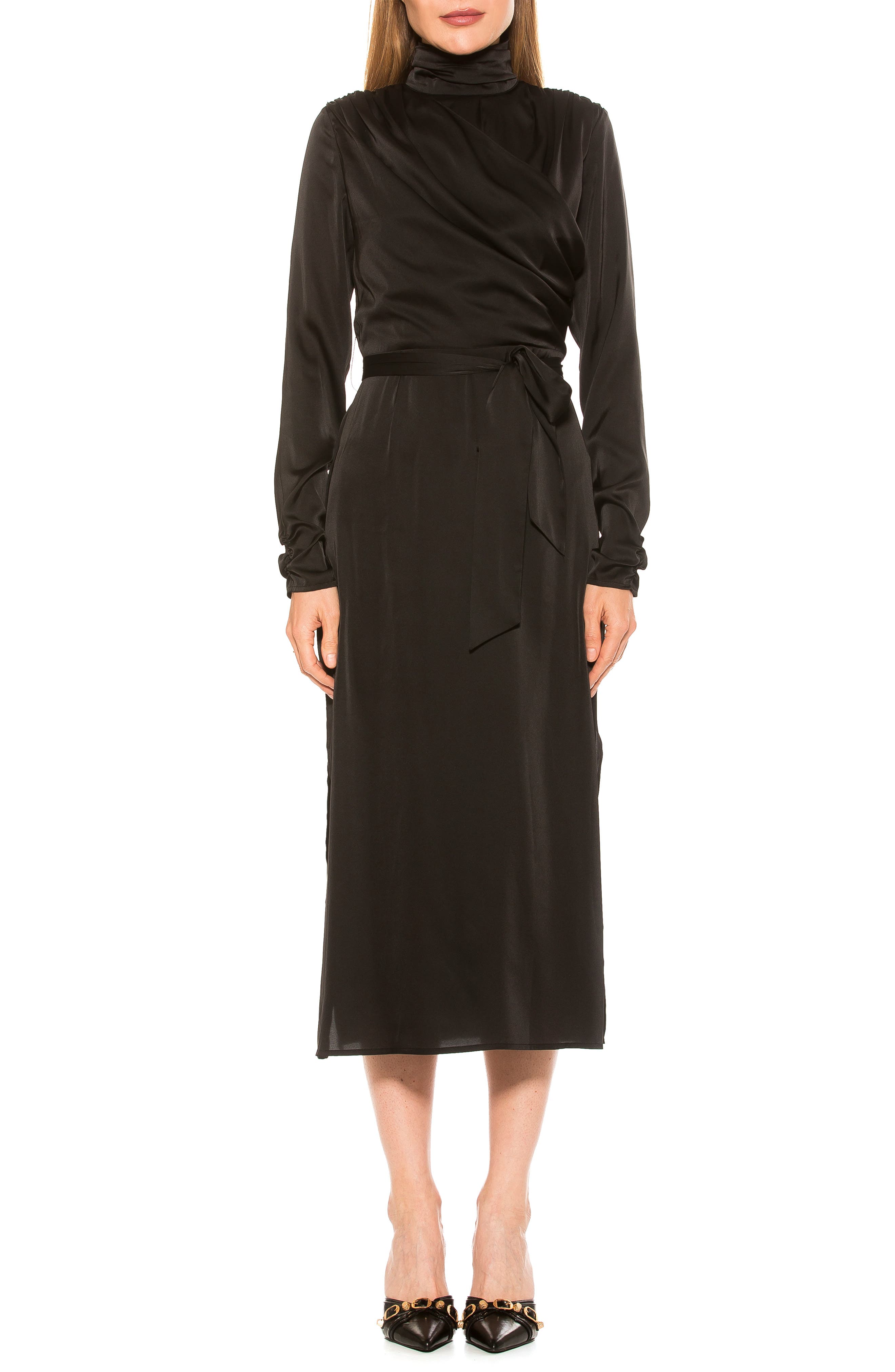 Alexia Admor Mock Neck Long Sleeve Draped Midi Dress