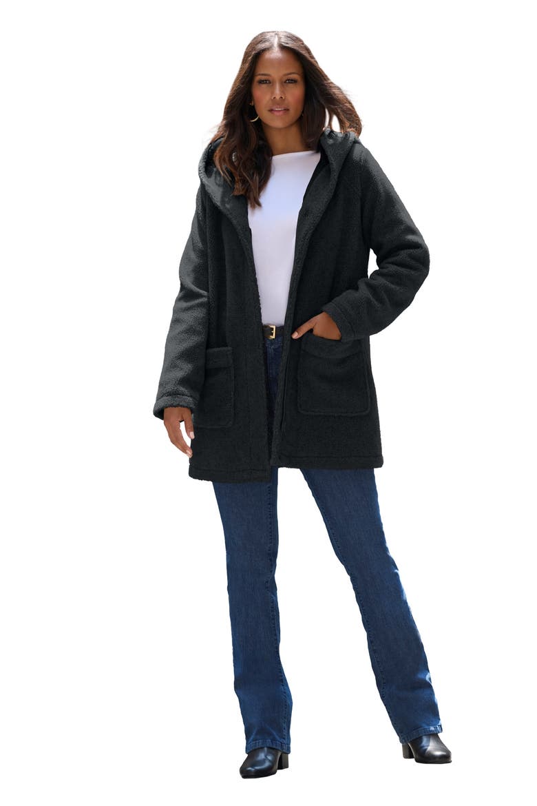 Plus Size Hooded Teddy Fleece Coat, Main, color, BLACK
