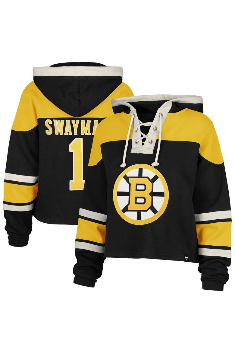 Women's '47 Jeremy Swayman Black Boston Bruins Superior Lacer Cropped Pullover Hoodie, Main, color, Black