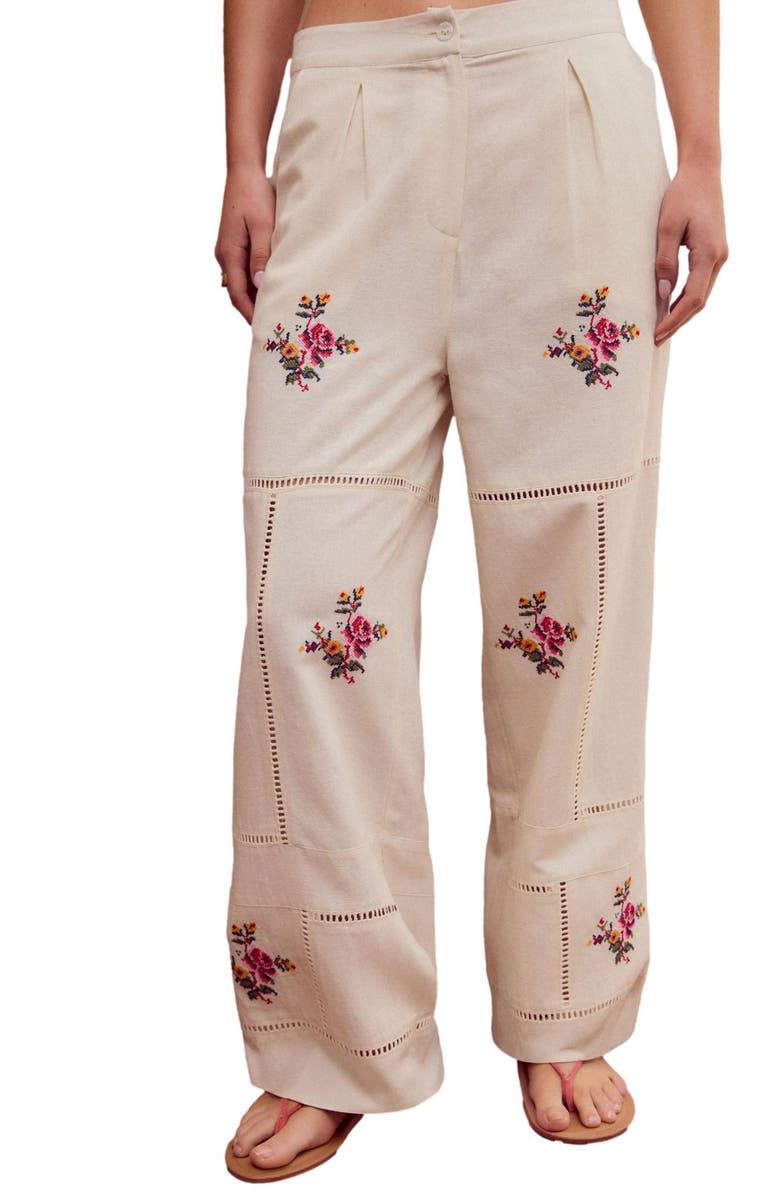 NEXT Floral Embroidered Wide Legs Pants, Main, color, White