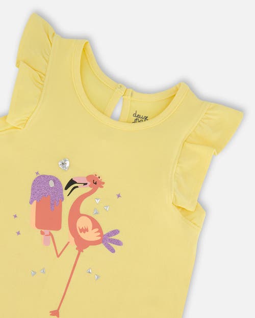 DEUX PAR DEUX DEUX PAR DEUX GIRL'S ORGANIC COTTON TUNIC WITH FRILL AND PRINT YELLOW AND FLAMINGO 