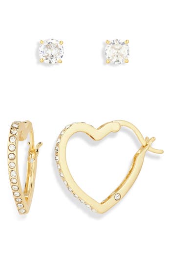 Nordstrom Rack Pack Of Two Stud & Heart Hoop Earrings In Clear- Gold