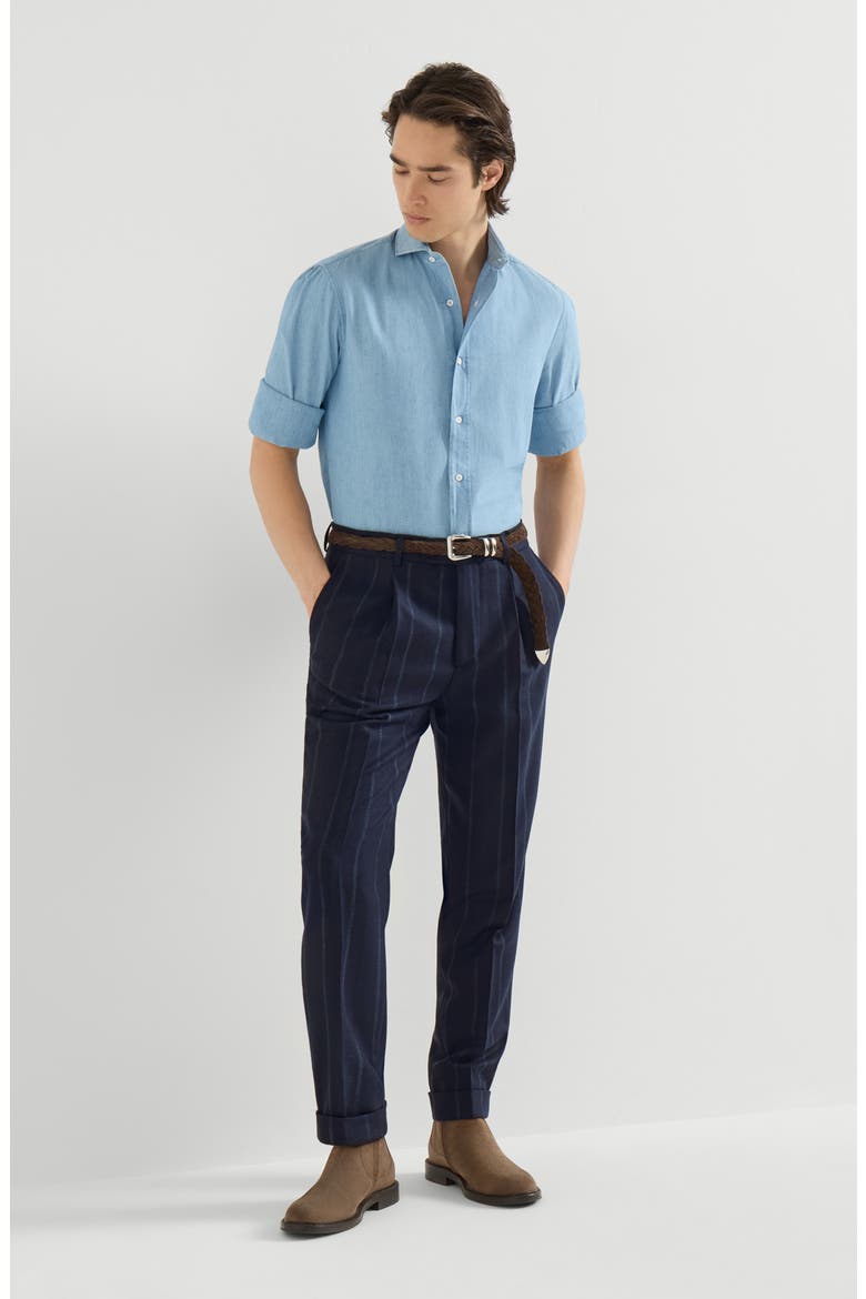 Cashmere and virgin wool multistripe twill trousers with pleat, Alternate, color, Navy Blue