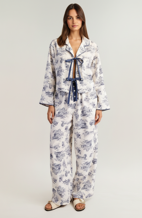 Printed Button-Up Pajama Set with Contrast Trim and Ribbon Tie