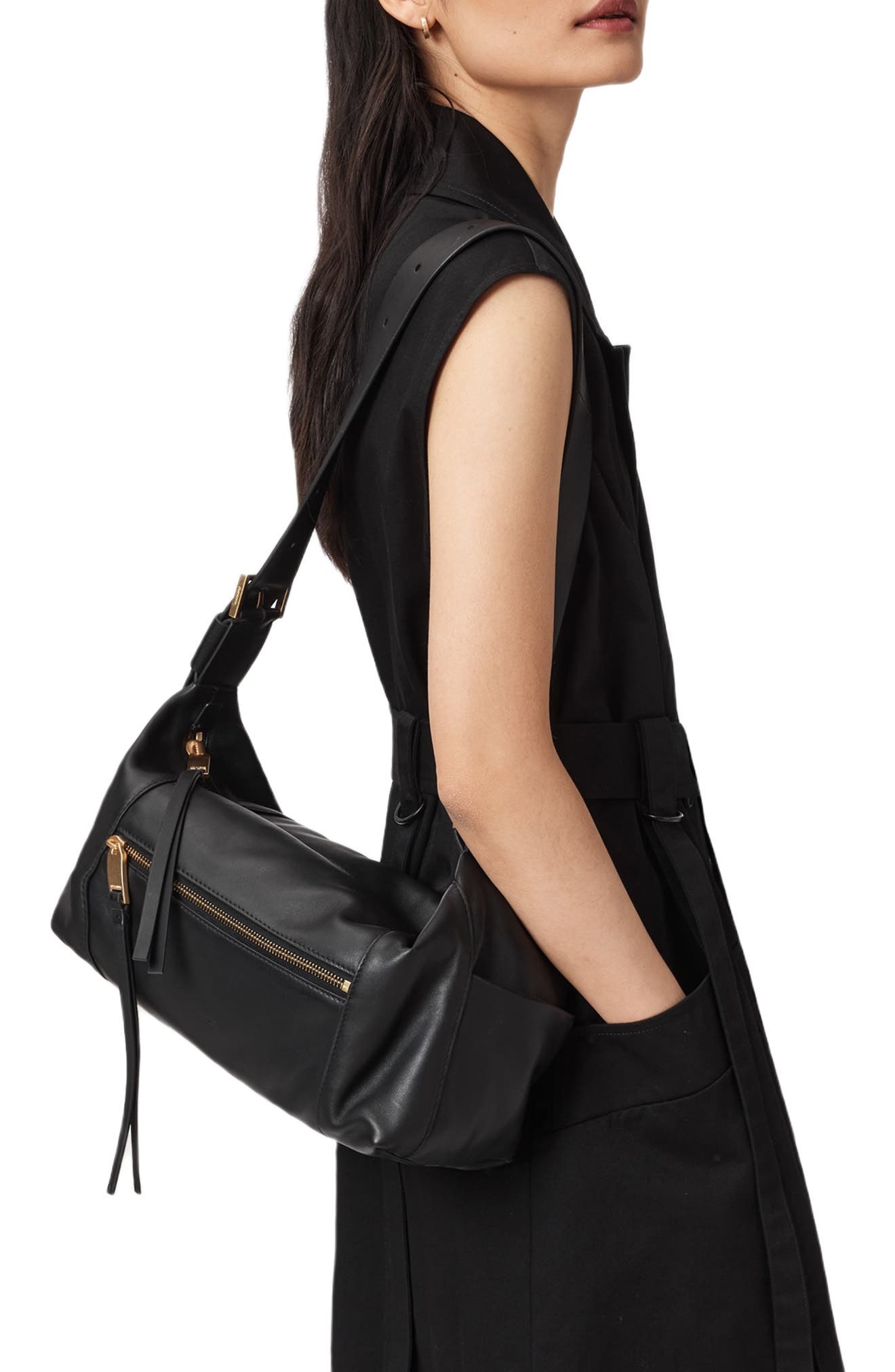 AllSaints Vega Leather Shoulder Bag, Alternate, color, Black