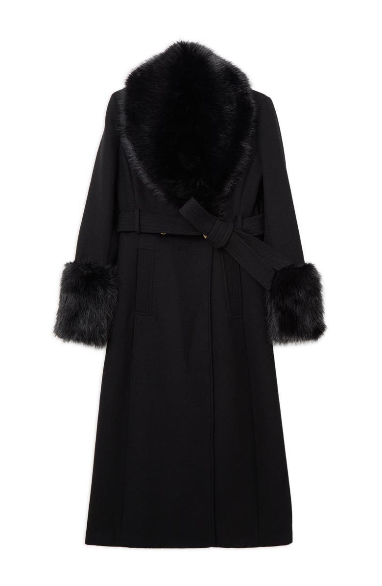 Karen Millen Wool Detachable Fur Belted Midi Coat, Alternate, color, Black