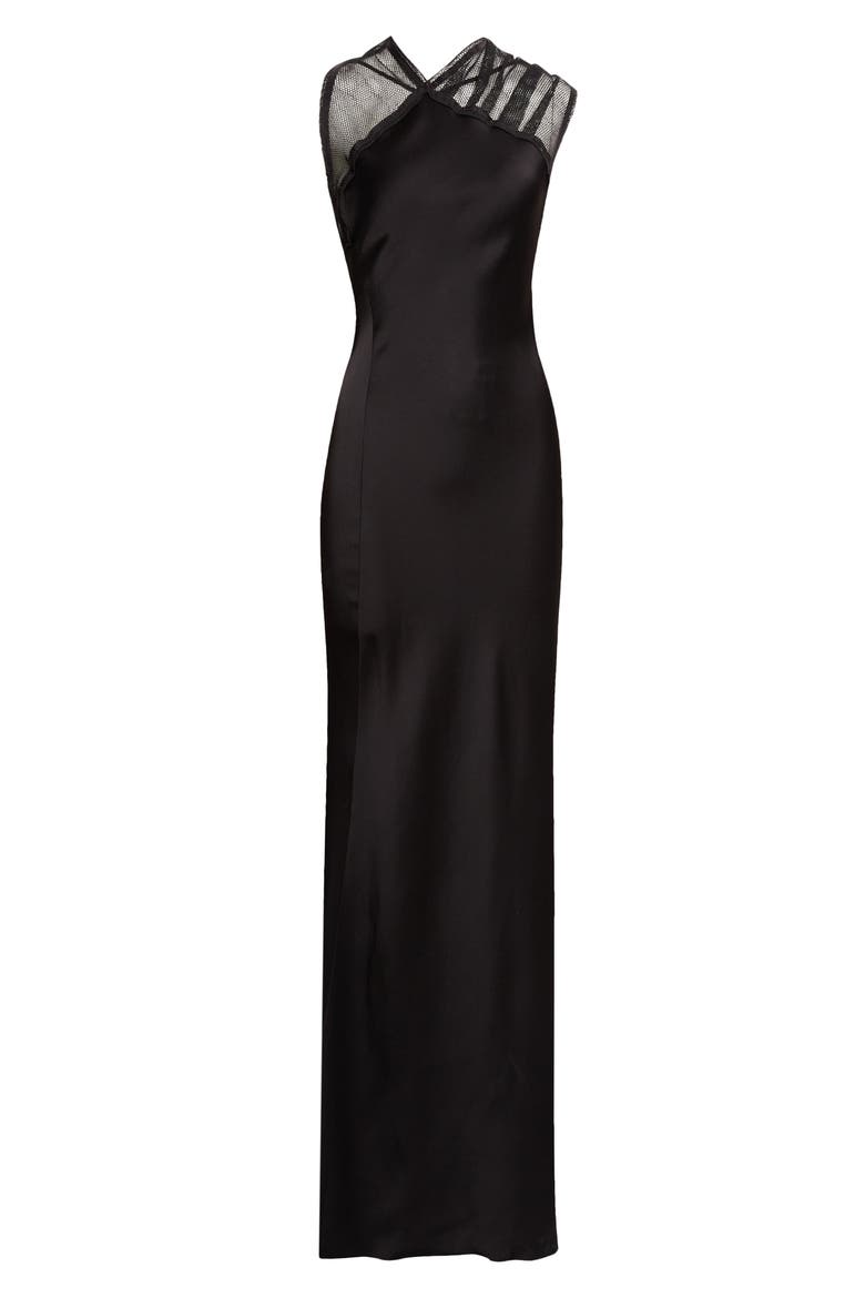 Asymmetric Mesh Trim Trumpet Gown, Alternate, color, BLACK