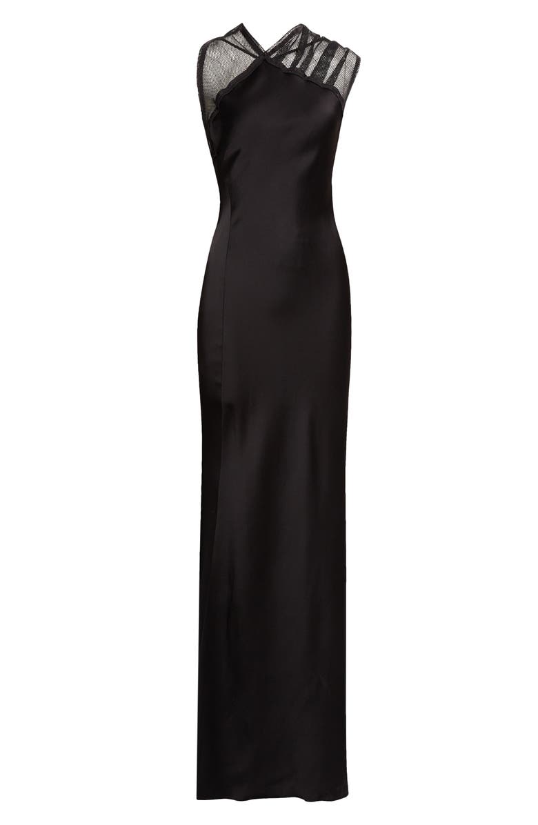 Victoria Beckham Asymmetric Mesh Trim Trumpet Gown, Main, color, Black