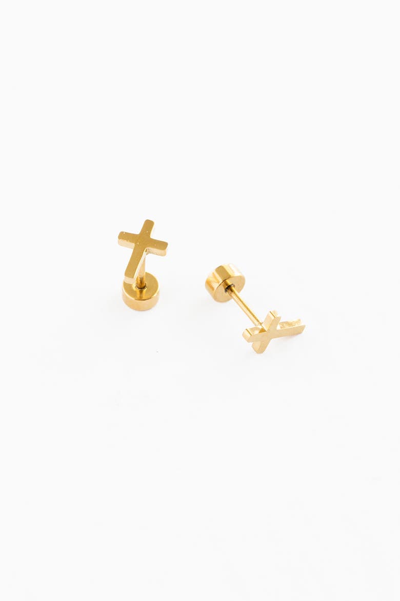 Kids' Cross Hypoallergenic Flatback Stud Earrings, Alternate, color, Gold