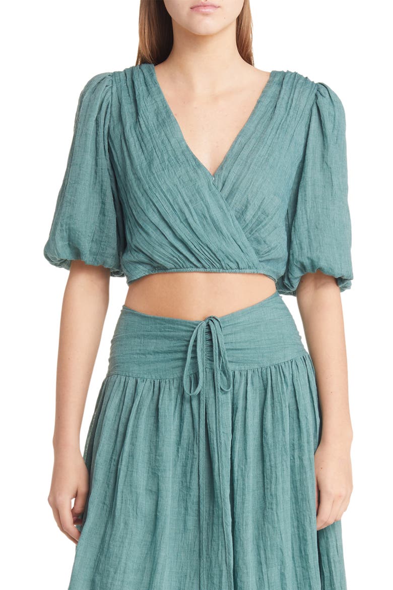 Puff Sleeve Wrap Crop Top, Main, color, GREEN
