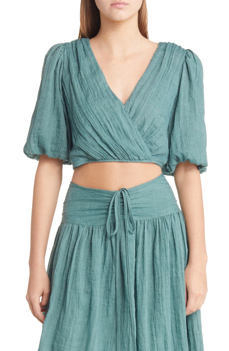 MOON RIVER Puff Sleeve Wrap Crop Top, Main, color,