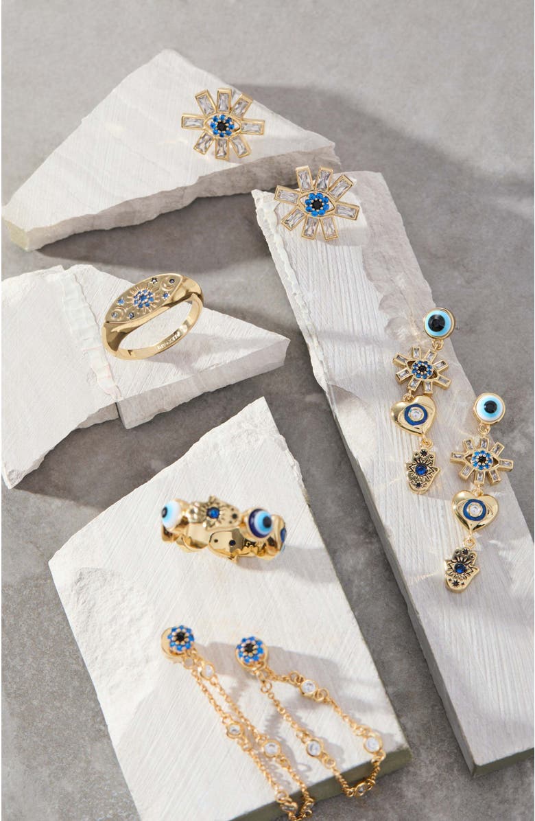 Alex and Ani Evil Eye Front to Back Chain Earring, Alternate, color, Gold Blue