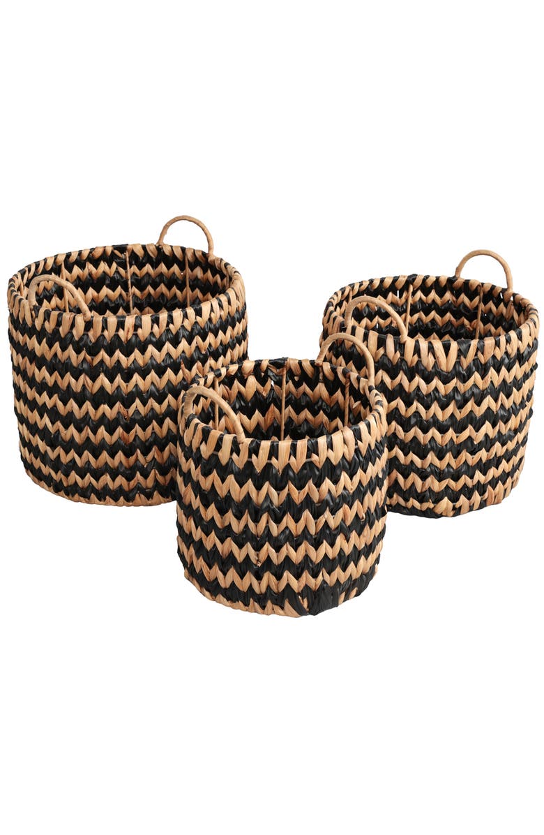 HAPPIMESS Cassia Coastal Farmhouse Handwoven Two-Tone Water Hyacinth Nesting Storage Baskets with Handles, Main, color, Black/Natural