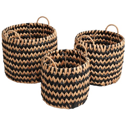 Cassia Handwoven Two-Tone Water Hyacinth Nesting Storage Baskets with Handles (Set of 3)