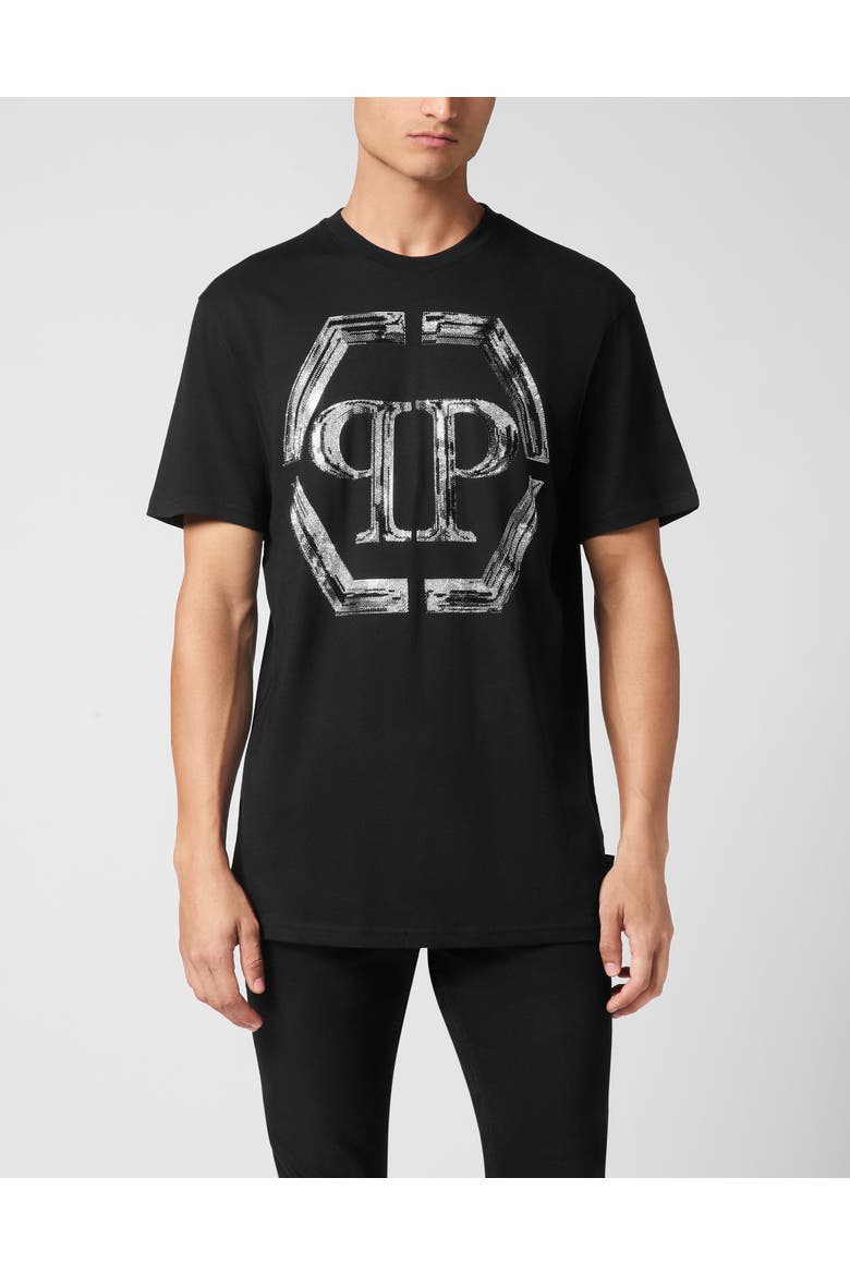 T-Shirt Round Neck Ss Strass Hexagon Men, Main, color, black