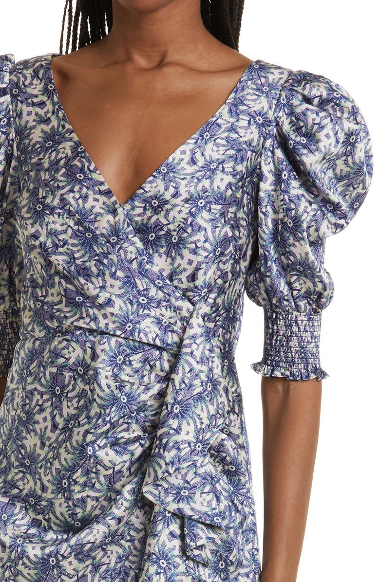 Cinq à Sept Lucinda Smocked Puff Sleeve Ruffle Faux Wrap Minidress, Alternate, color, Eclipse Multi