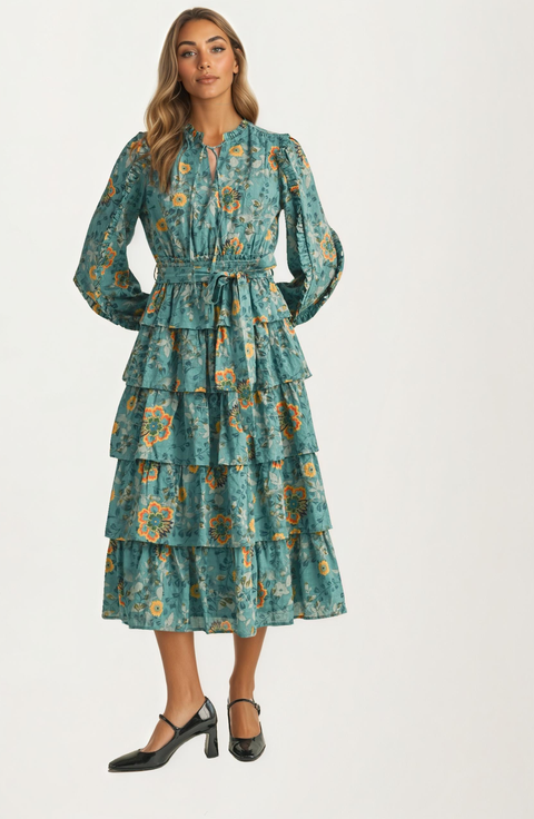 Tiered Ruffle Midi Dress with Belted Waist