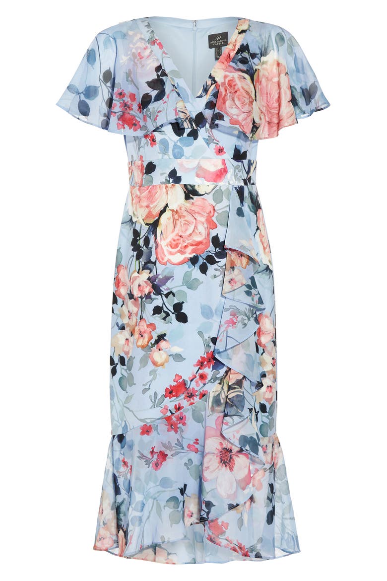 Floral Wrap Front Ruffle Midi Dress, Alternate, color, BLUE MULTI