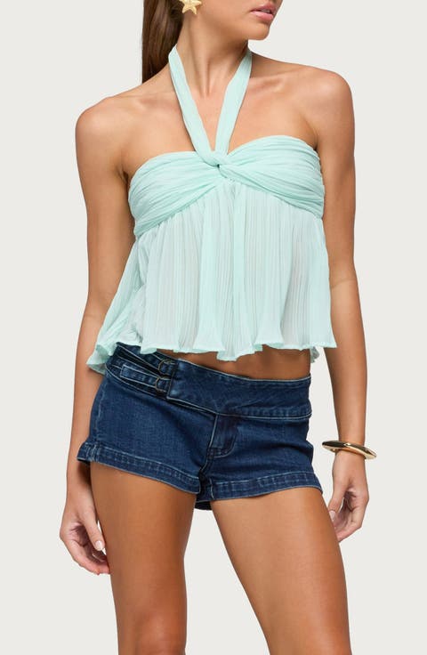 Pleated Chiffon Babydoll Halter Tank