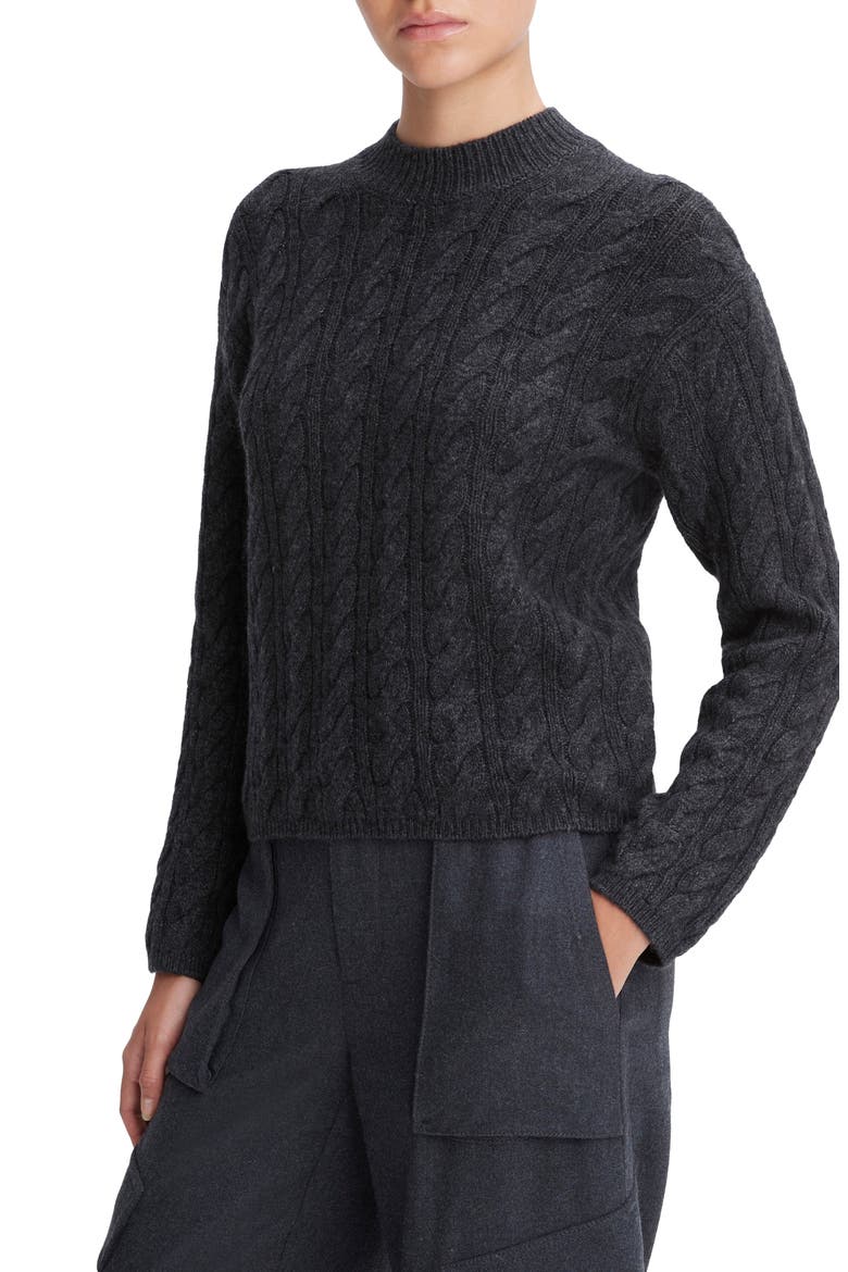 Cable Knit Wool Blend Crewneck Sweater, Alternate, color, HEATHER CHARCOAL