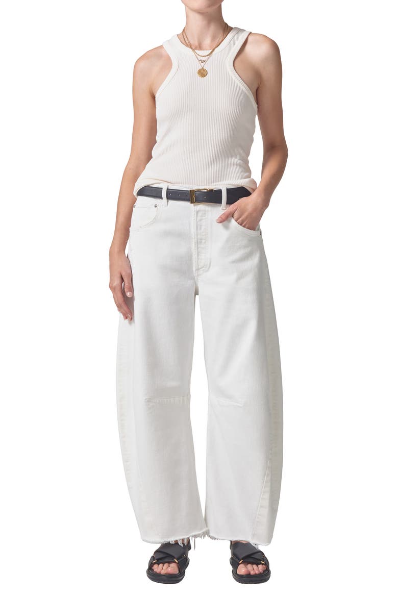 Horseshoe Frayed Superhigh Waist Ankle Barrel Jeans, Alternate, color, JICAMA