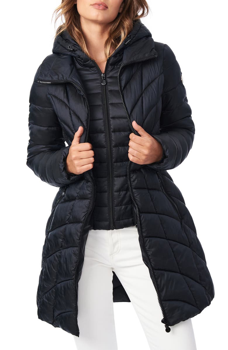Bernardo Mixed Quilt Ecoplume<sup>™</sup> Packable Hooded Puffer Jacket, Main, color, 