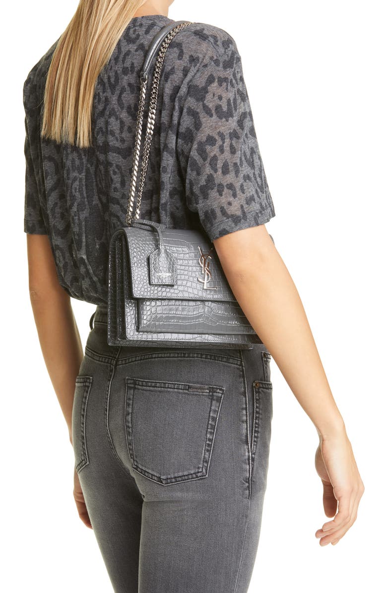 Saint Laurent 'Medium Monogram Sunset' Croc Embossed Leather Shoulder Bag, Alternate, color,
