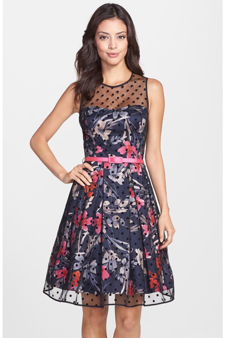 Illusion Yoke Mesh & Faille Fit & Flare Dress, Main, color, PRINT BLACK